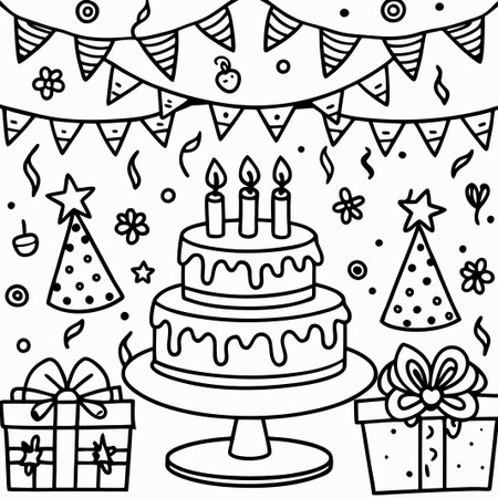 Festive birthday cake with presents and party decorations.の素材