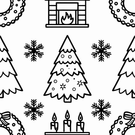 Seamless Christmas pattern with trees, wreaths, fireplace, candles, and snowflakes.の素材