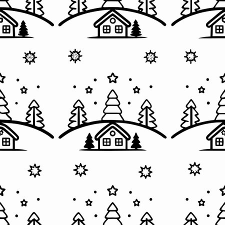 Seamless winter pattern with houses, trees, stars, and snowflakes.の素材