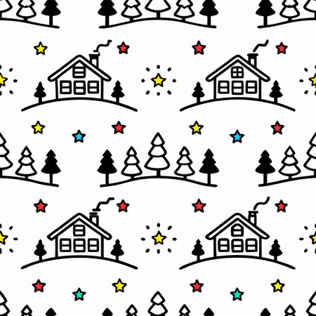 Seamless winter pattern with houses, trees, and stars.の素材