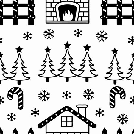 Seamless Christmas pattern with trees, fireplace, candy canes, and snowflakes.の素材