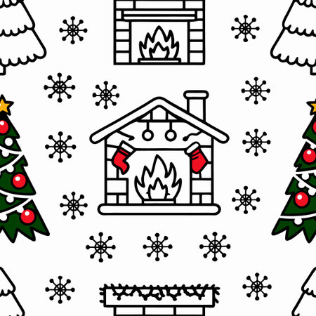 Seamless Christmas pattern with trees, fireplace, snowflakes, and stockings. (1)の素材
