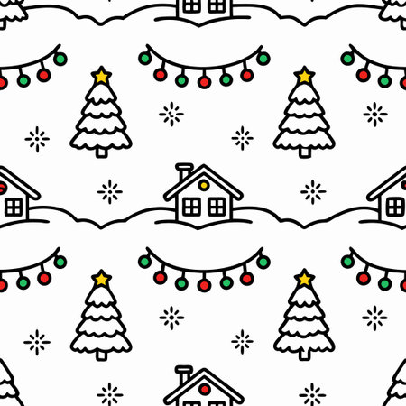 Seamless Christmas pattern with houses, trees, and ornaments. (2)の素材
