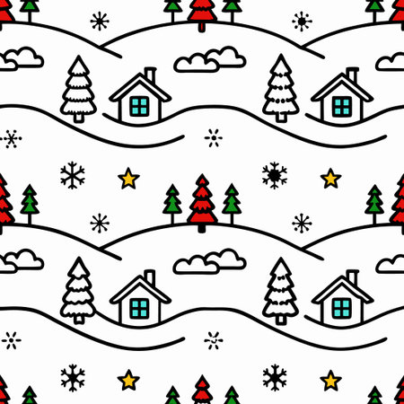 Seamless winter landscape pattern with houses and trees.の素材