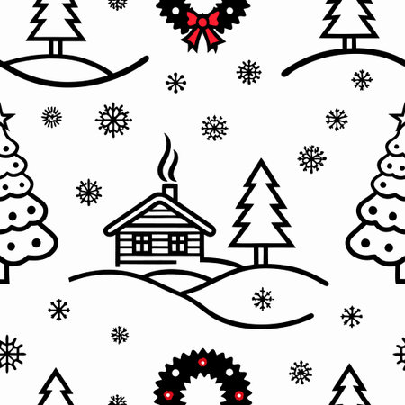 Seamless Christmas pattern with cabin, trees, wreaths, and snowflakes.の素材
