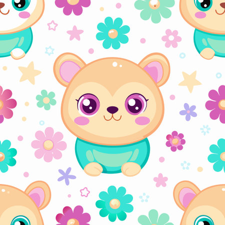 Adorable seamless pattern with cute cartoon bears and flowers.の素材