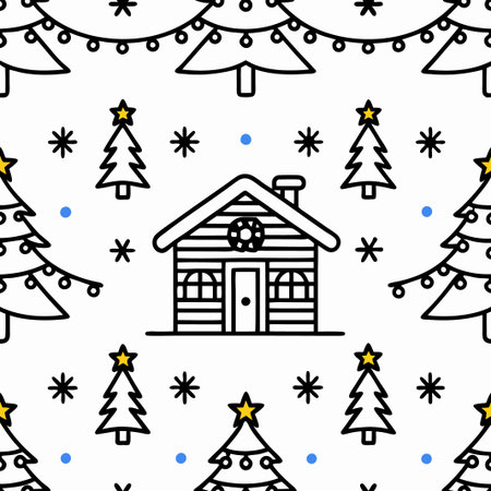 Seamless Christmas pattern with cabin, trees, and lights.の素材