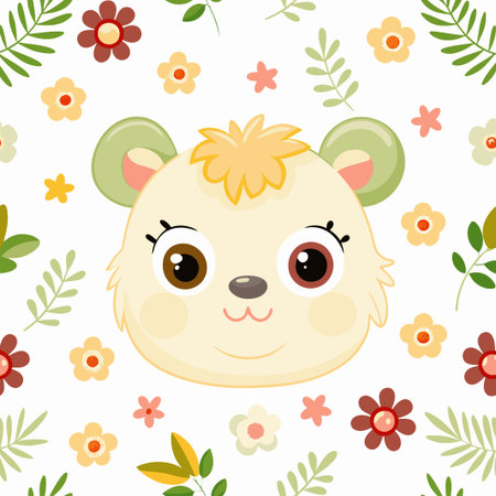 Cute cartoon bear face surrounded by flowers and leaves.の素材
