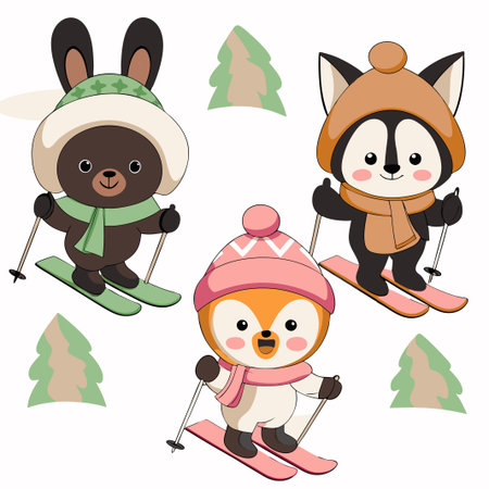 Cute animals skiing in winter. (5)の素材