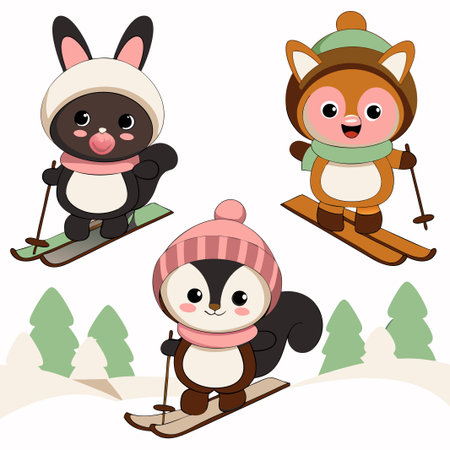 Cute animals skiing in winter. (2)の素材