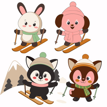 Four cute animals skiing in winter. (1)の素材