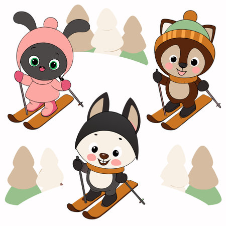 Three cute animals skiing on snowy mountain.の素材