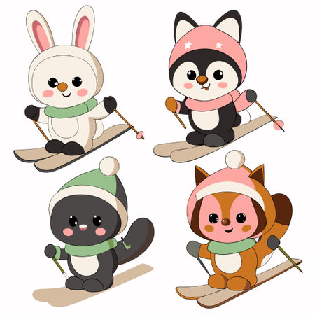 Four adorable animal characters skiing.の素材