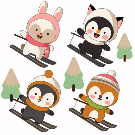 Cute animals skiing on snowy mountains.の素材