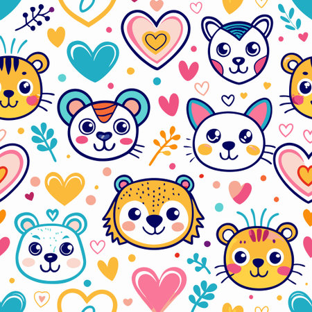 Cute animal faces and hearts seamless pattern. (5)の素材