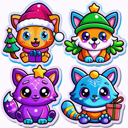 Four adorable cartoon animals wearing winter clothing.の素材