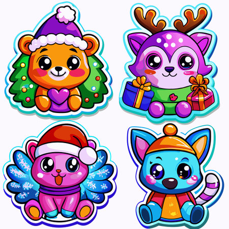 Four cute Christmas animals bear, deer, cat, and kitten.の素材