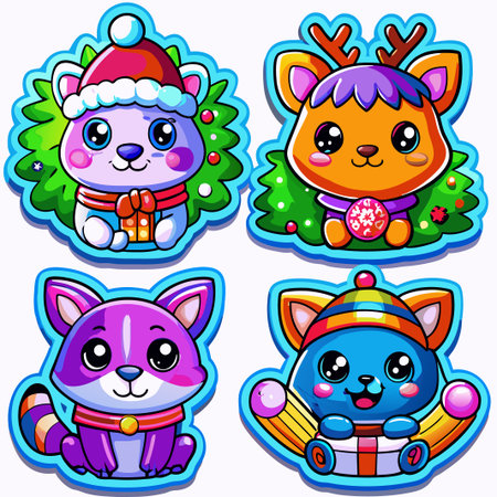 Four cute cartoon animals in Christmas attire. (1)の素材