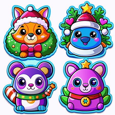 Four cute Christmas animals fox, penguin, panda, and bunny.の素材