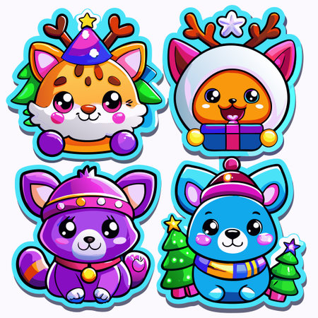 Four cute chibi animal characters in winter outfits.の素材
