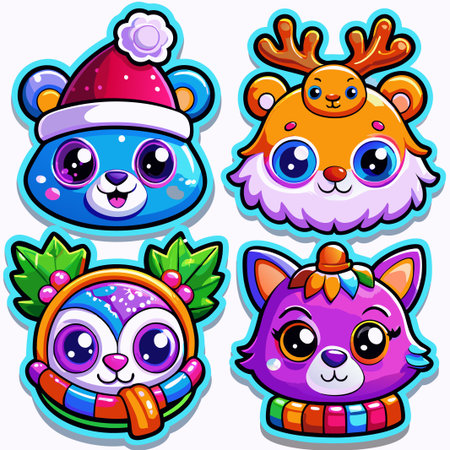 Four cute winter animal cartoon heads.の素材