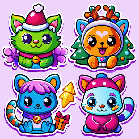 Four adorable Christmas cat characters.の素材