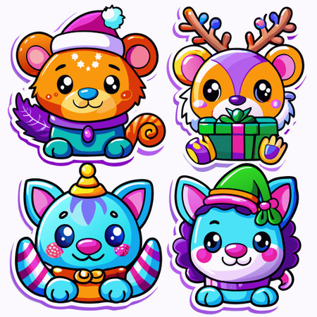 Four cute cartoon animals in winter attire.の素材