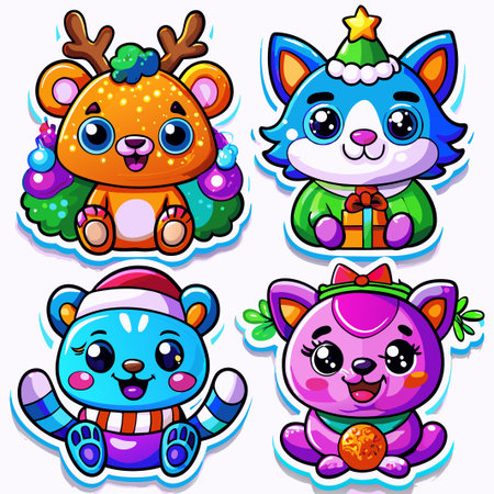 Four adorable cartoon animals in Christmas costumes. (1)の素材
