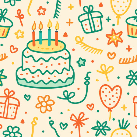 Happy birthday cake and party elements seamless pattern.の素材