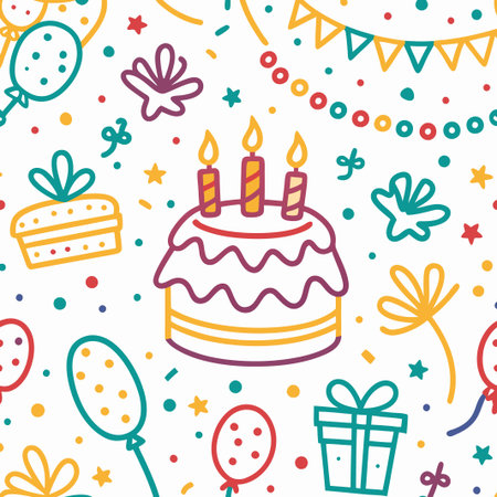 Festive birthday cake and party elements seamless pattern.の素材