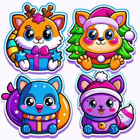 Four adorable cartoon animals in festive Christmas attire.の素材