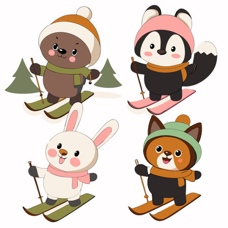 Four cute animals skiing in winter. (3)の素材