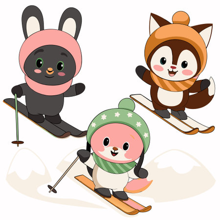 Cute animals skiing down snowy slope.の素材