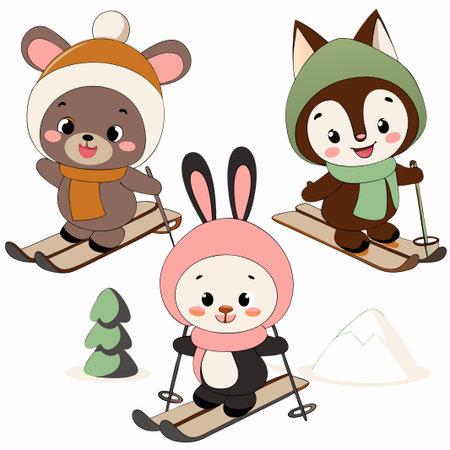 Cute animals skiing in winter. (6)の素材
