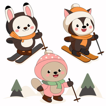 Cute cartoon animals skiing in winter.の素材
