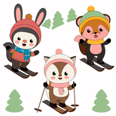 Cute animals skiing in winter.の素材
