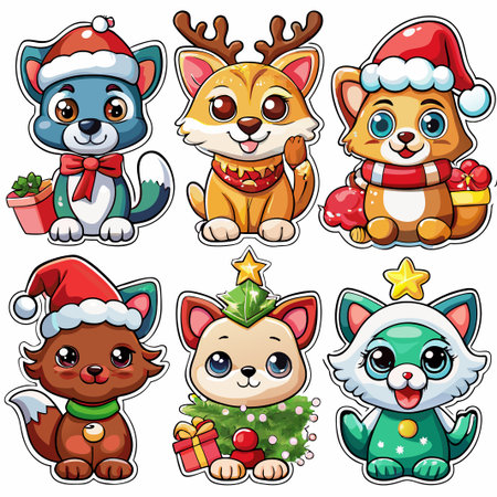Six adorable cartoon animals in Santa hats and Christmas attire.の素材