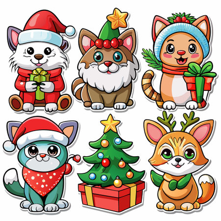 Six adorable cartoon cats and a Christmas tree celebrating Christmas.の素材