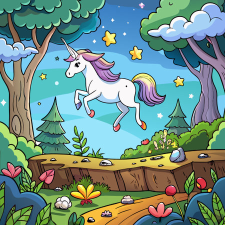 Magical unicorn leaping in enchanted forest at night.の素材