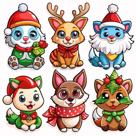 Six adorable cartoon animals in Christmas costumes. (107)の素材