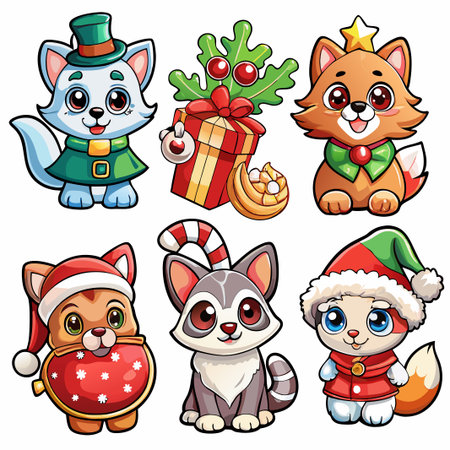 Six adorable cartoon animals in Christmas costumes. (101)の素材