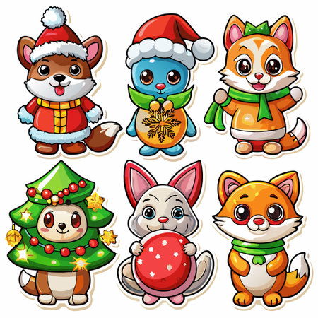 Six adorable cartoon animals in Christmas costumes. (99)の素材