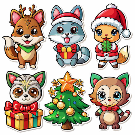 Six adorable cartoon animals celebrating Christmas. (17)の素材