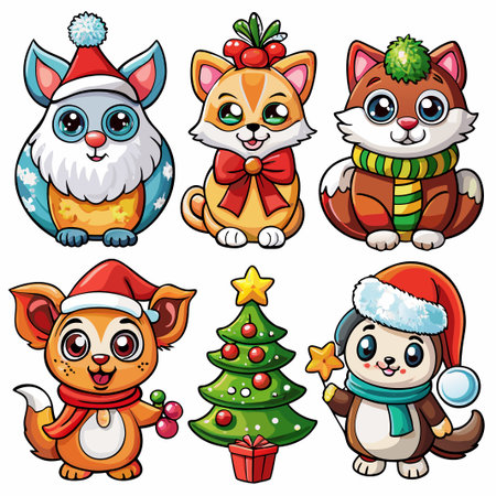 Six adorable cartoon animals in festive Christmas attire, plus a Christmas tree.の素材