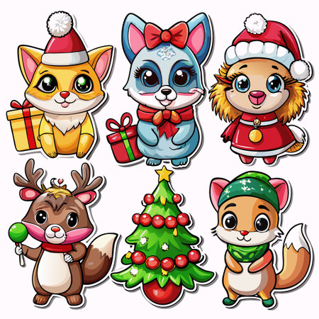 Six adorable Christmas animals and tree. (11)の素材