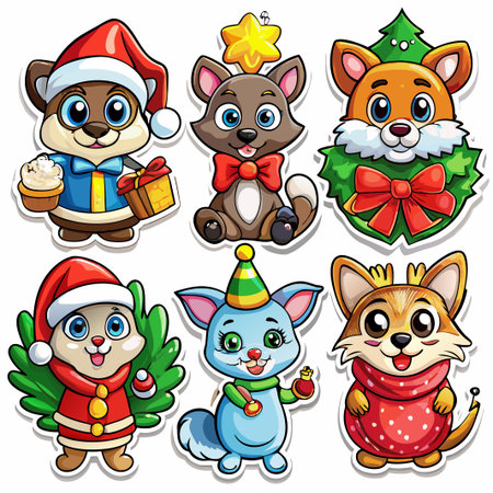Six adorable cartoon animals in festive Christmas attire. (35)の素材