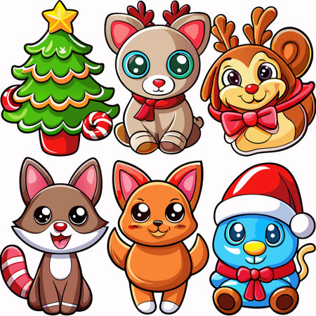 Cute Christmas animals and tree cartoon illustration. (2)の素材