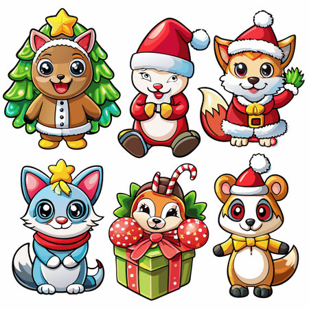 Six adorable cartoon animals in Christmas costumes. (102)の素材