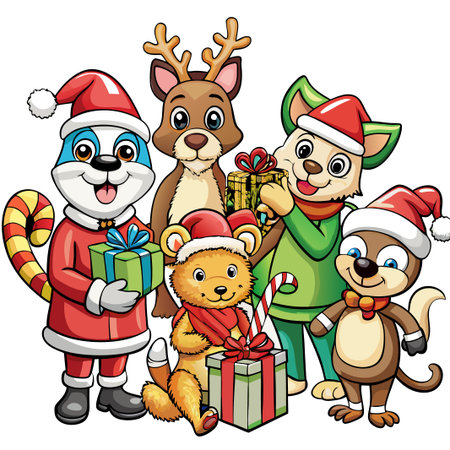 Five cute Christmas animals with gifts.の素材