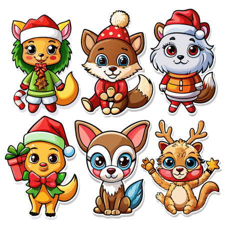 Six adorable cartoon animals in Christmas costumes. (109)の素材
